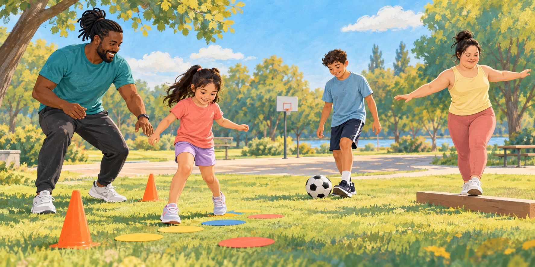 Illustration of a coach and participants practicing movement, soccer and balance in a park